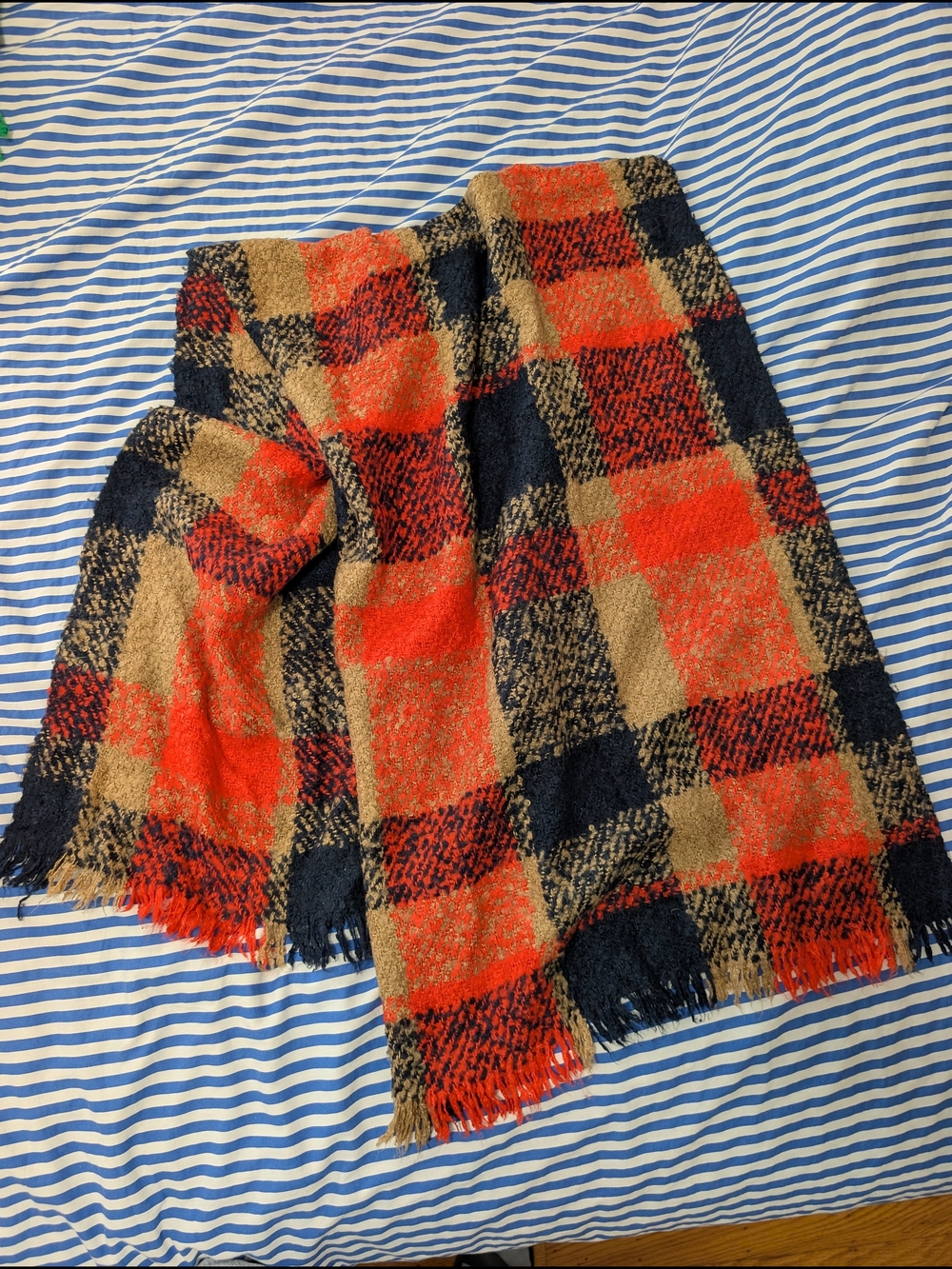 Cozy Plaid Fringe Blanket Scarf in Orange, Navy & Tan